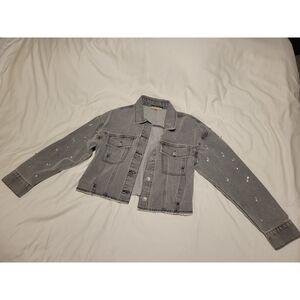 Cropped gray denim jacket with rhinestone sleeves, size M – Dillard’s